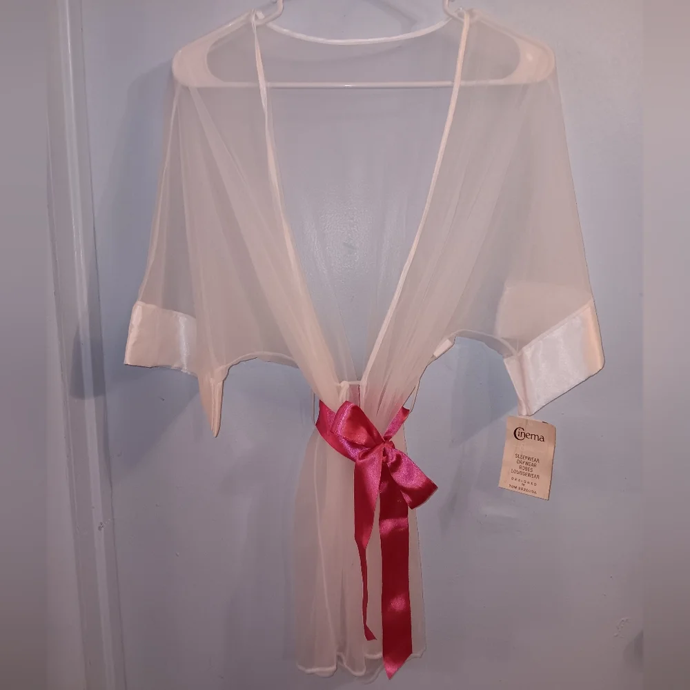 Cinema By Etoile Vintage Sheer Robe with Satin Trim Pink Ribbon